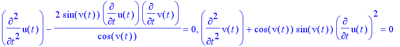 diff(u(t),`$`(t,2))-2/cos(v(t))*sin(v(t))*diff(u(t)...